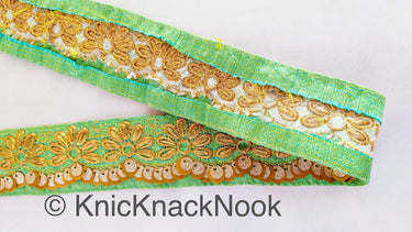 Indian Sari Trim, Green Art Silk Fabric With Gold Thread Embroidered Flowers Trim, Gold Sequins